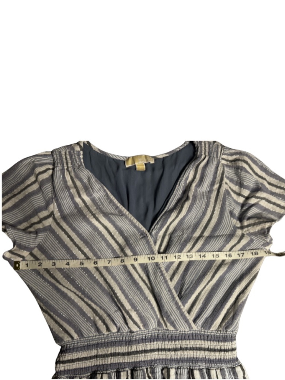 MICHAEL MICHAEL KORS Blue Smocked Ruffled Lined Striped Wrap Dress Large - Picture 7 of 13